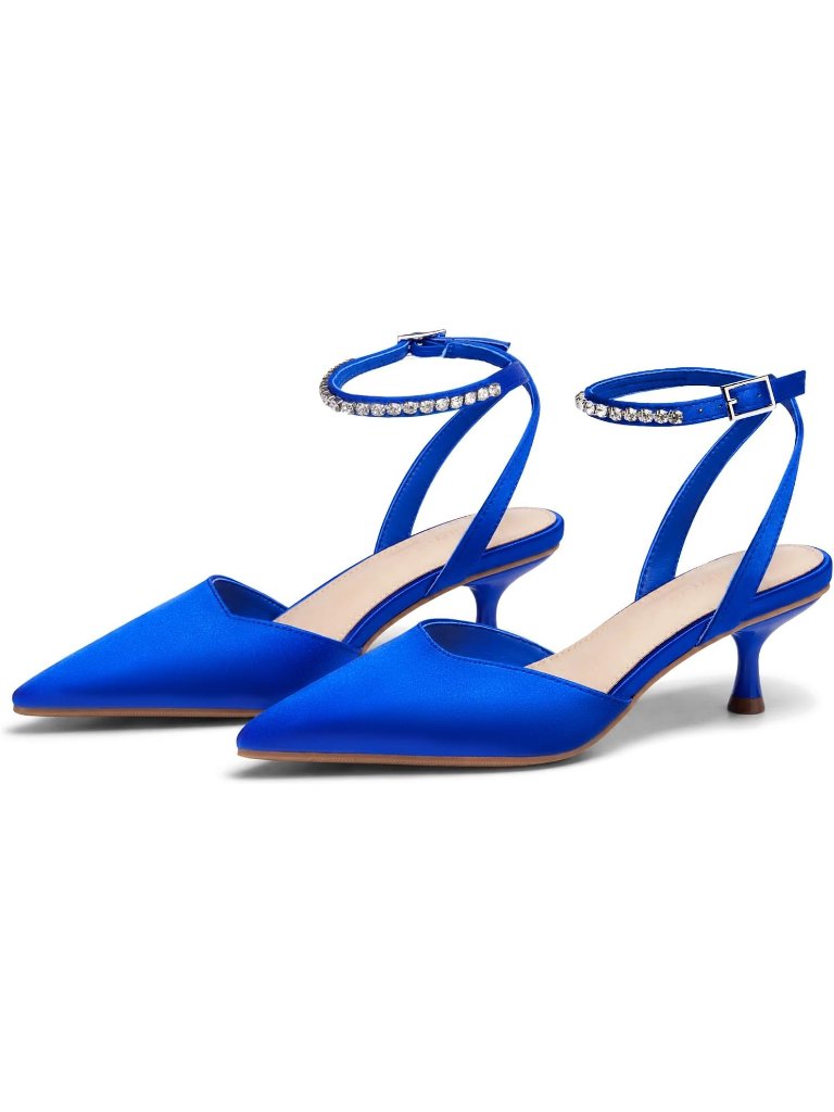 Women's Blue Low Kitten Heels Closed Pointed Toe Pumps Rhinestone Ankle Strap